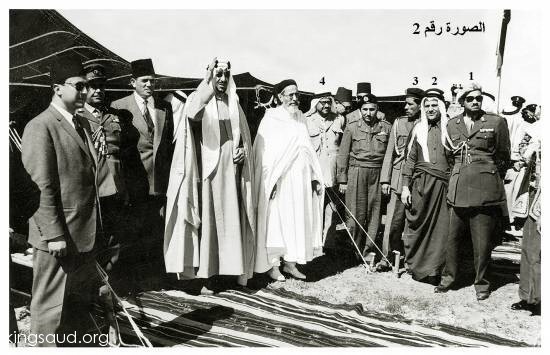 King Saud during his visit to Libya with King Idris al-Sanusi of Libya and personal facilities Colonel Abdel Moneim al-Aqeel and my KSU your doctor Dr. Adib e during his visit to Libya 1957