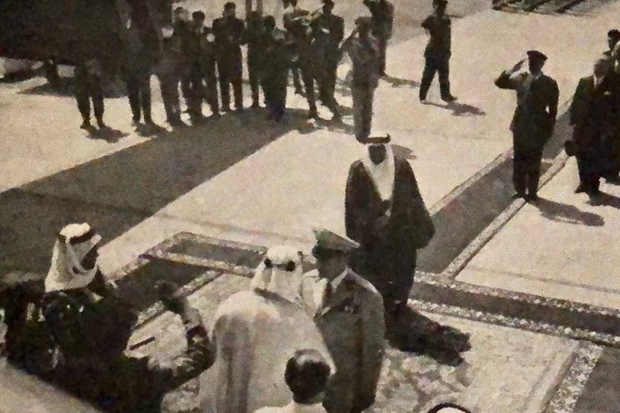 King Saud arrives at Mashhad airport in Tehran, received by Iranian Shah and Saudi Ambassador Hamza Guth - Friday 12-8-1955