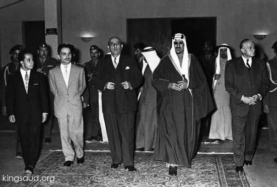 The picture shows King Saud right Lebanese President Camille Chamoun and left the Syrian president Shukri al-Quwatli and the King of Jordan, King Hussein and King of King Faisal of Iraq during the Arab Summit Conference 1958
