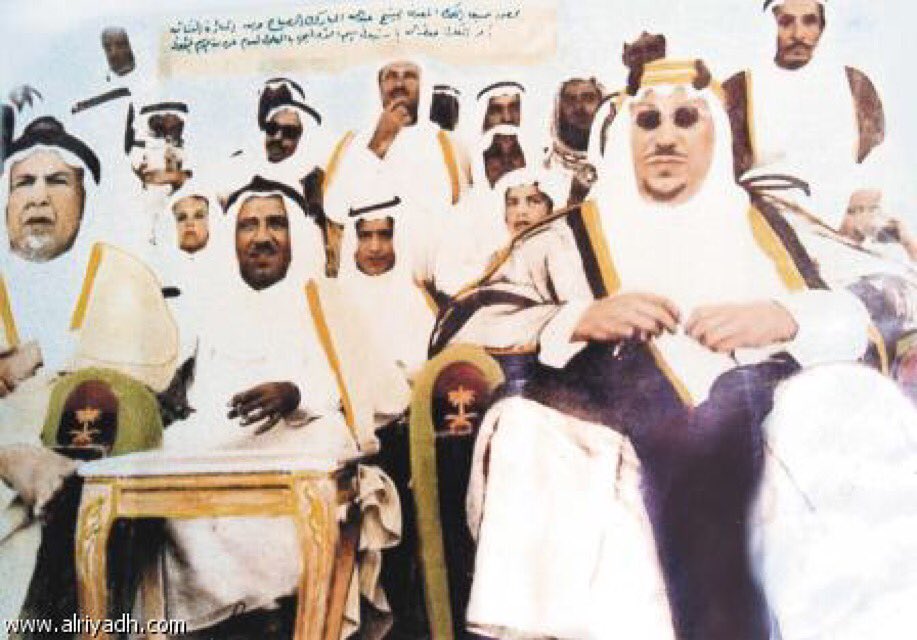 King Saud and The Prince of Kuwait Sheikh Abdullah Al-Salem Al-Sabah watching a football match at Al Sayegh Stadium. Sheikh Sabah Al-Ahmad is behind in the middle, who later became The Prince of Kuwait in 2006