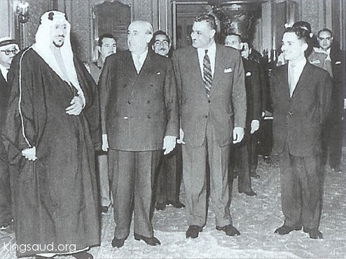 King Saud with presedent Shukri Al Quatli, presedent Nasser, King Hussein of Jordon 1957
