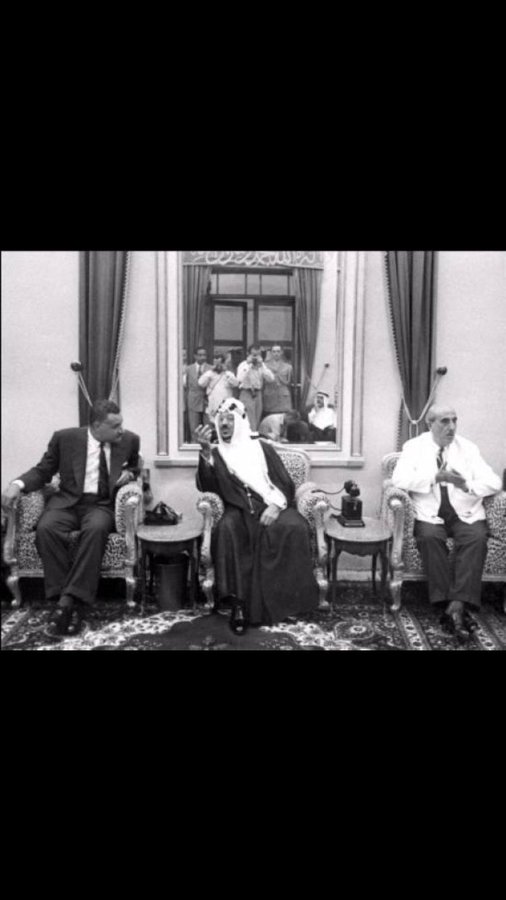 King Saud between president Jamal Abdul Nasser and president Shkri Al Quatli