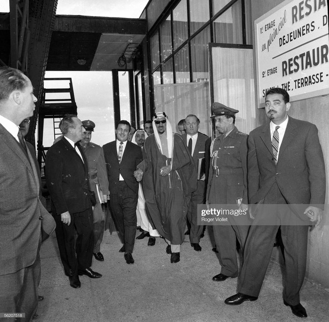 king Saud leaving  the Eiffel Tower, with prince Mansur , and lieutenant Abdulmunaim Al Aqil , march 20, 1963