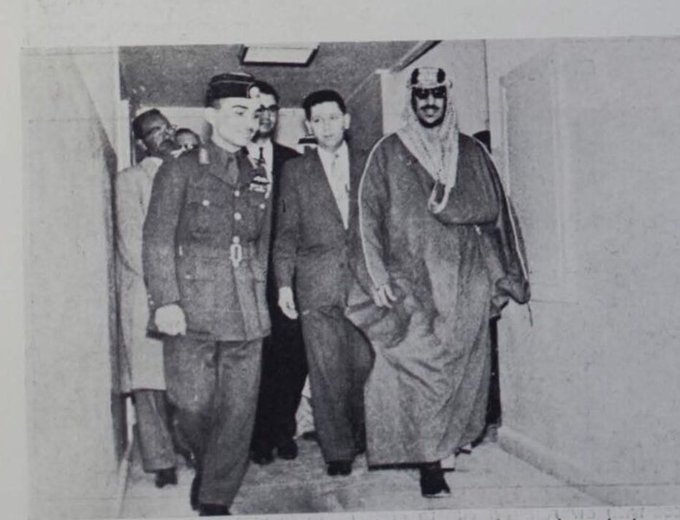 King Saud and King Hussein during their inspection of the Tabline Hospital in Badnah  / Arar 1373