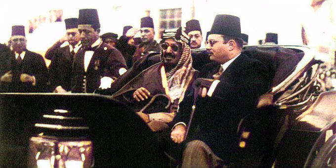 King Abdulaziz with King Farouq in Cairo in a procession in the streets of caro.1946