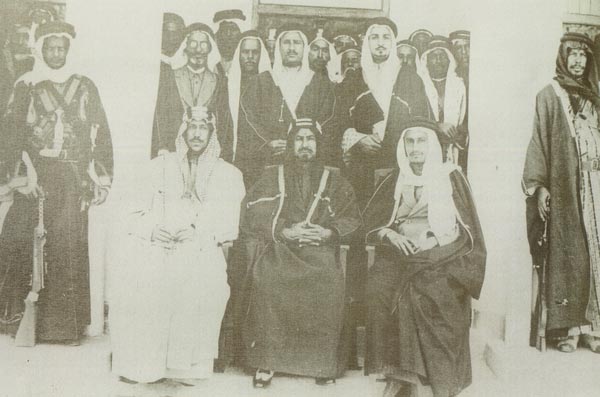 Crown Prince Saud with Sheikh Ahmed Al Jaber Al Sabah, The Prince of Kuwait during his official visit to Kuwait, with his brother Prince Khalid bin Abdulaziz, and Sheikh Hamoud Al Jaber, the Mayor of Kuwait City. 1361A.H - 1942A.D