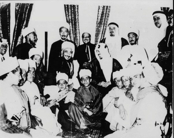 King Saud and Imam Ahmed Hamiduddin and Al-Badr and behind them Prince Khalid bin Abdulaziz and Prince Mohammed bin Saud. Right to left: Saif al-Islam Abbas, Saif al-Islam Ali, Prince Mohammed Al-Badr, - Yemen 1954
