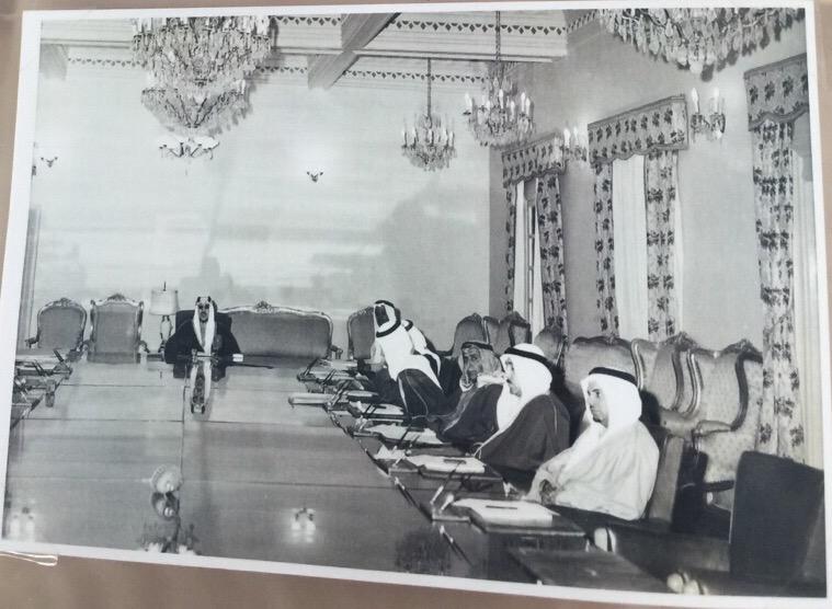 The Council of Ministers headed by King Saud and with the participation of Ministry of Youth, seen Nasser Al-Munkoor and Abdullah Al-Tariki in the photo, may Allah have mercy on them all