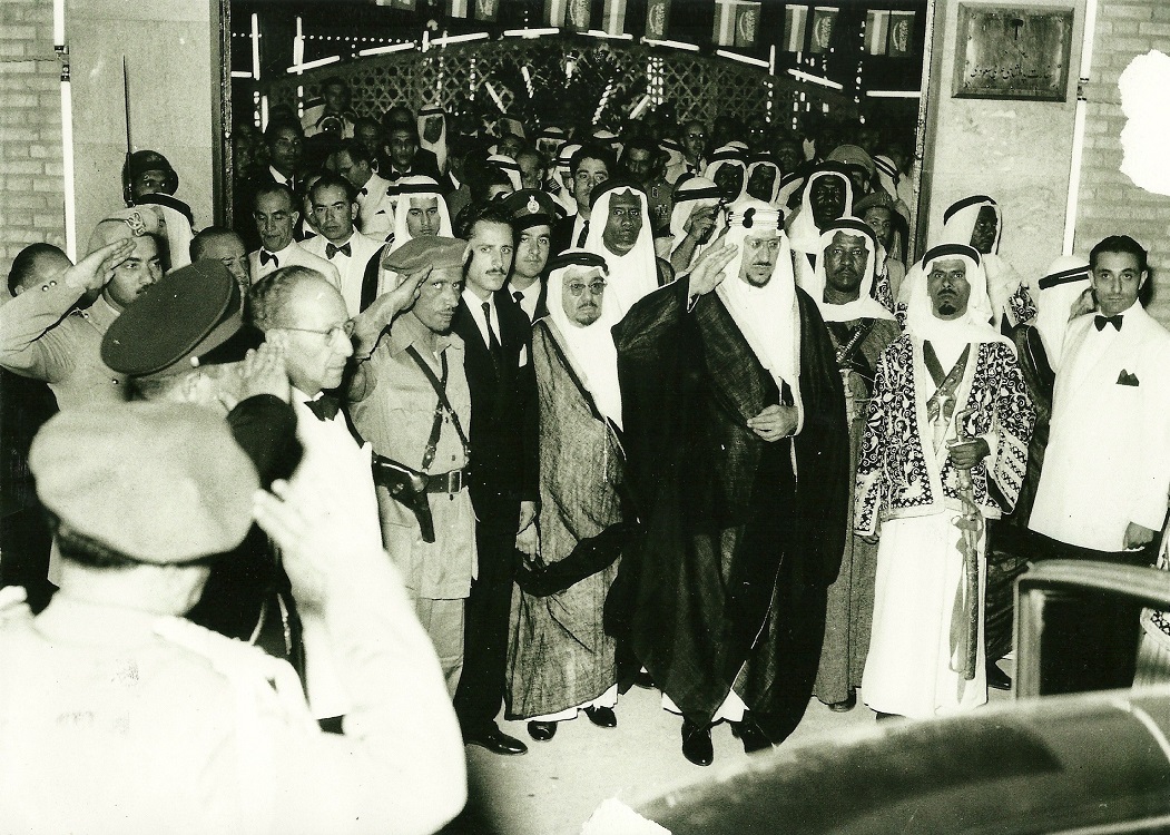 King Saud in Tehran with Mohammed Srour Alsabban Finance Minister, and the Saudi ambassador in Iran Hamza Ghaus, Prince Mohammed bin Saud, and  Mohammed bin Suleiman Al-namla the commander of the Royal Guard, Major General 1955