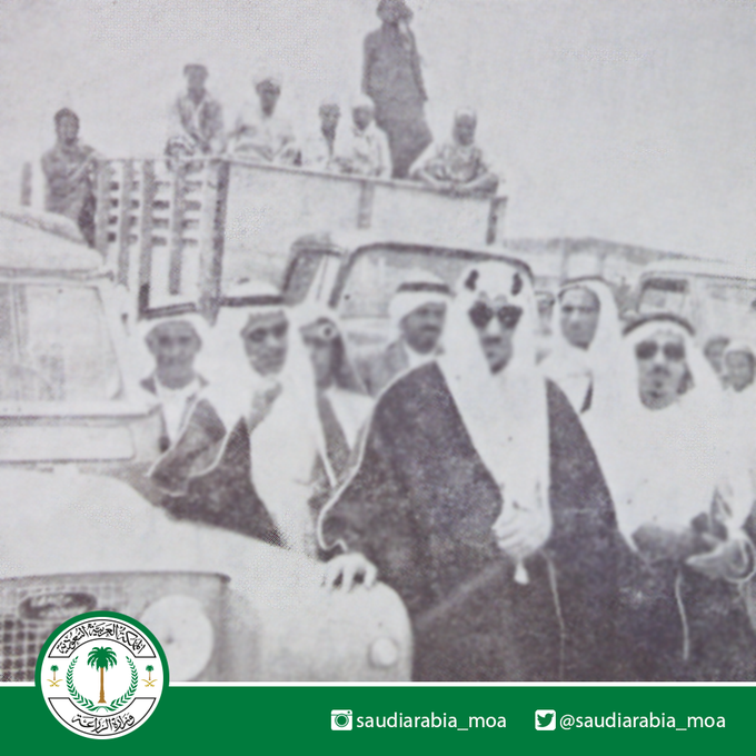 King Saud, may God have mercy on him, on a field visit to the locust control teams.
