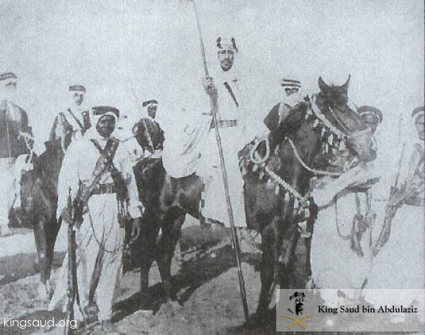 Crown Prince Saud on his horse during the war with Yemen and seen in the picture Majid bin Khethila. Najran - 1934