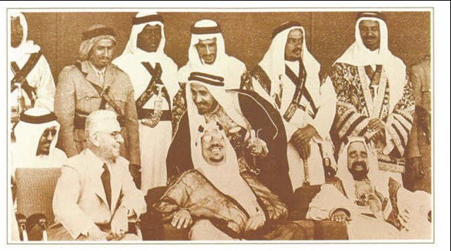 King Saud with Shaikh Hamad Bin Eissa Al Khalifah the Amir of Bahrain during his offical visit to Al Awali - Bahrain 1954