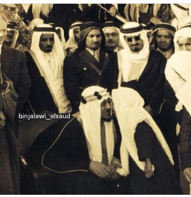 King Saud with Prince Mohammed bin Saud Al-Kabir and Mansour bin Abdullah bin Jalawi (Husband of Princess Al-Anoud bint Saud) May Allah have mercy on them all.