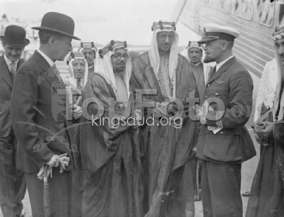 Crown Prince Saud at Croydon Airport, Captain Jonas Commander of the Air Force, Col. Salmourden, President of Civil Aviation, Hafez Wahba, and Rifat Sheikh Al-Ard, 21/6/1935