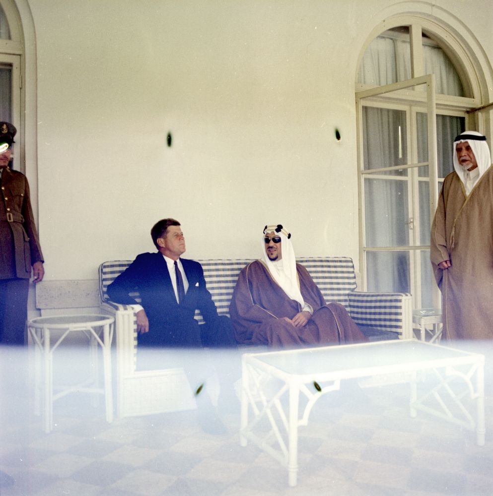 President Kennedy visits King Saud at his residence in Palm Beach, Fla.Jan.27,1962&son prince Fahad
