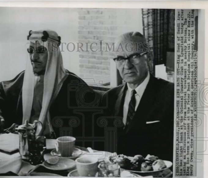 King Saud at Colonel Canarys Club in Boston with Aramco Vice President Gary En after leaving Peters Hospital, Brighton, 1961