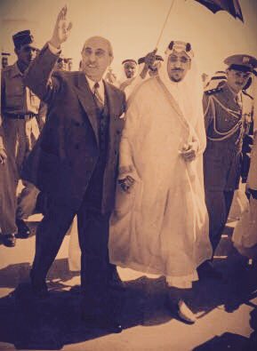 King Saud with president Shukri Al-Qowtali after his arrival to the Kingdom