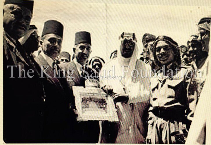 King Saud bin Abdul Aziz and King Hussein of Jordan at the Dome of the Rock in Jerusalem, the capital of Palestine during the second visit of King Saud to Jerusalem 1954