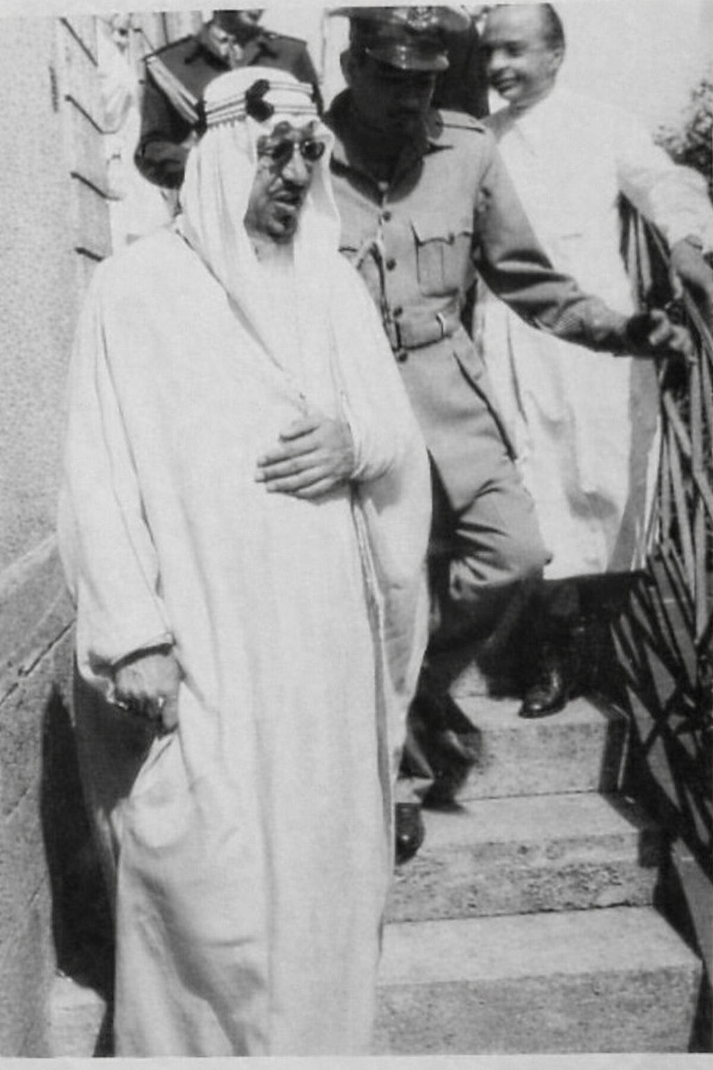 King Saud bin Abdulaziz Al Saud at Freiburg University Hospital in Germany during his visit to his daughter, Princess Nouf, after she suffered burns from fireworks in 1959.