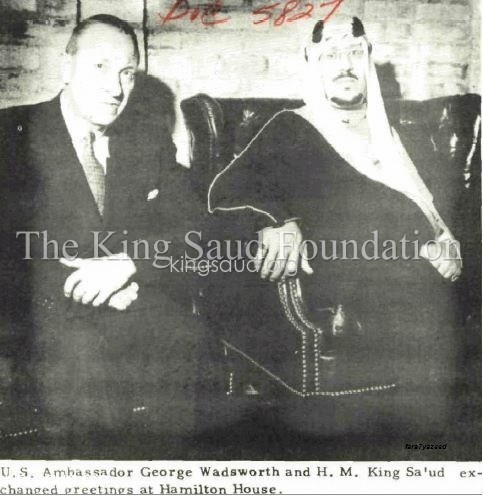 King Saud—may God have mercy on him—together with U.S. Ambassador Raymond A. Hare (Holt) at a reception held at Hamilton’s residence in Dhahran in 1954.