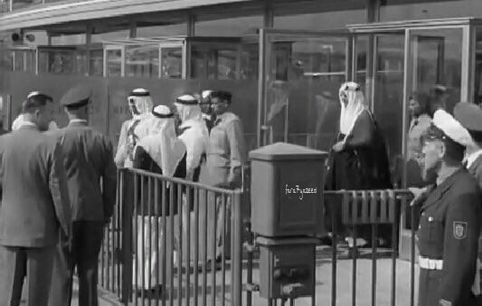 Princes Nawwaf bin Saud and Mut‘ib bin Faisal bin Abdullah, grandsons of King Saud—may God have mercy upon them—upon their arrival together in the city of Stuttgart in Germany