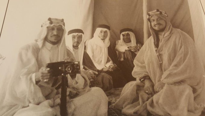 King Saud, Bandar bin Faisal Al‑Duwish, King Khalid, Prince Khalid bin Mohammed bin Abdulrahman, and Saud bin Abdullah, in photographs taken by Abdullah Philby in the Crown Prince Saud’s tent in Mina on 3–6–1936.