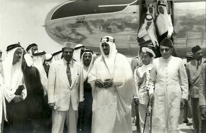 Governor Genral of Pakistan Malik Ghulam Muhammad and Pakistani Premier Mohmmad Ali Bogra escorting Saudi King Saud at Karachi Airport