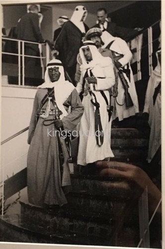 King Saud during his visit to Germany, accompanied by his sons Princes Mishhur, Shuqran, and Nawwaf—may God have mercy upon them. The photographs are displayed at the Colombi Hotel in Freiburg, Germany.