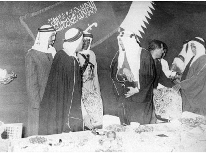King Saud during his visit to Qatar, with the Amir of Qatar, Sheikh Ali bin Abdullah Al Thani — 1955, may they rest in peace.
