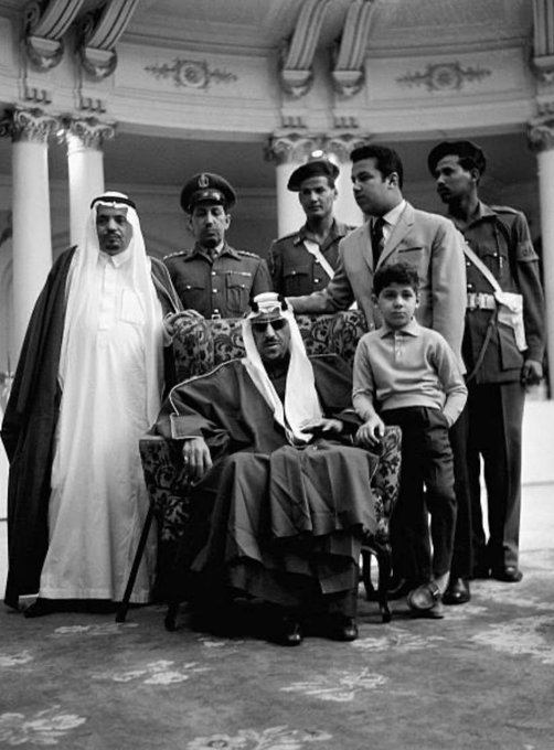 King Saud with his sons Mansour, Walid, and ʿEid ibn Salim at the Negresco Hotel in Nice, 1963.