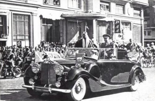 King Saud with Gen Francisco Franco in Madrid airport with a guard of honor upon his arrival from Washington 1957