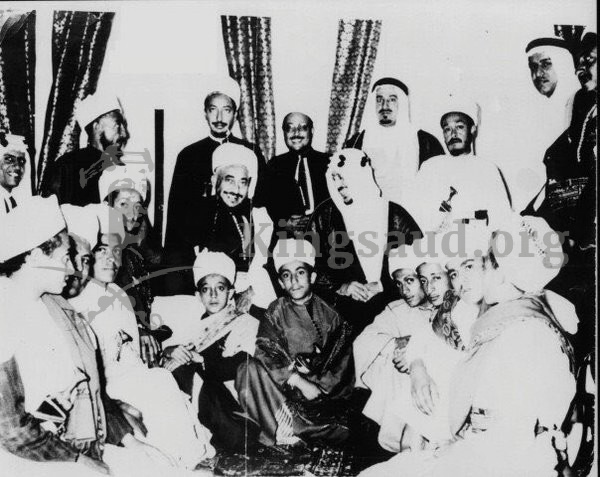 King Saud with Imam Ahmad of Yemen and his crown prince Mohammad Al Badr during his visit to sign a joint