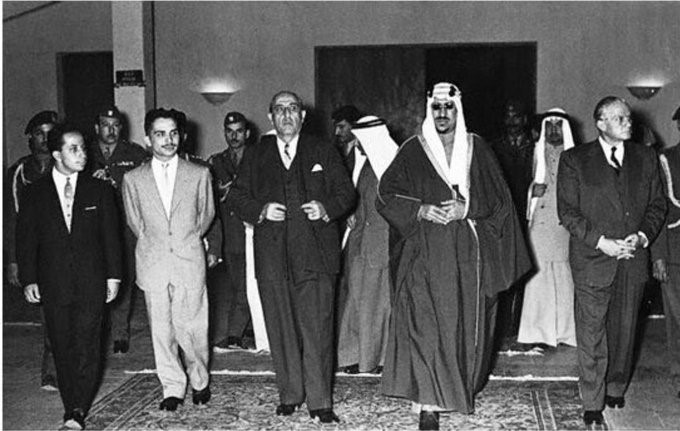 King Saud with Syrian President Shukri Alqutli and King Hussein