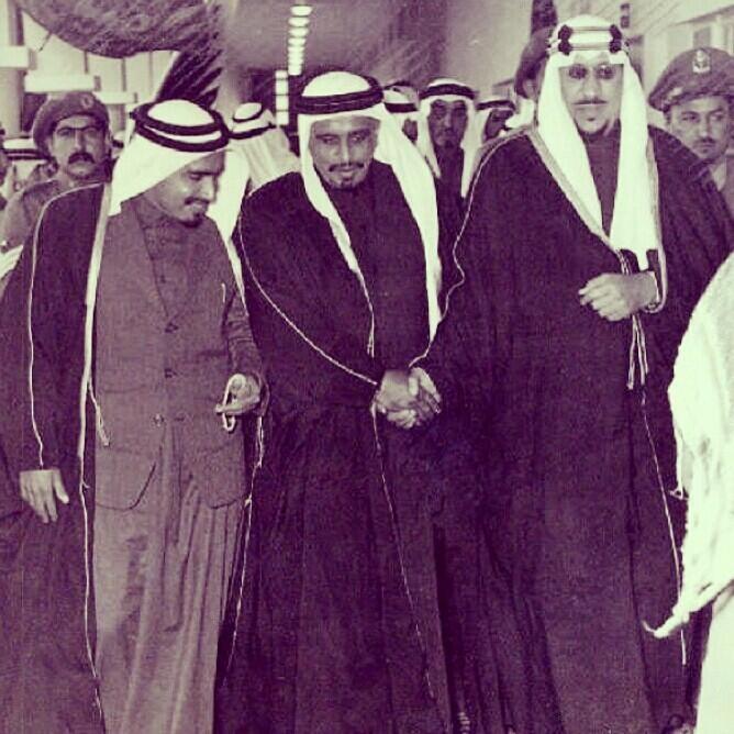 King Saud bin Abdulaziz Al Saud with Sheikh Ahmed bin Ali Al-Thani and Sheikh Hamad bin Khalifa Al-Thani of Qatar 1959