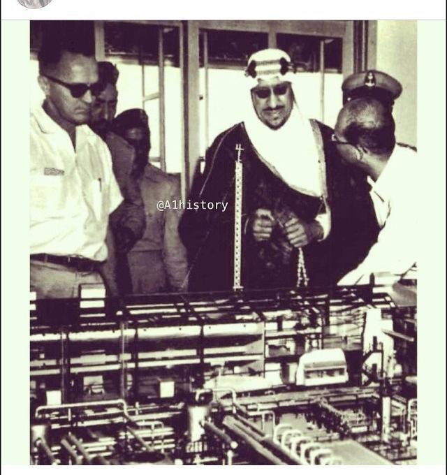 King Saud—may God have mercy on him—observing the ‘Ain Dar Gas Plant in the Eastern Province in 1958.