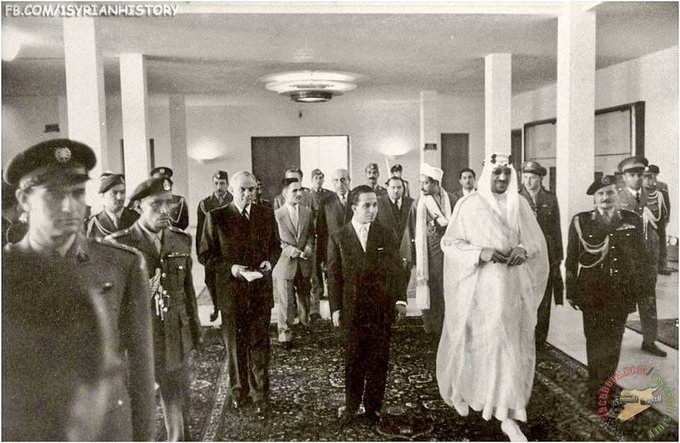 King Saud btween President Camile Chamoun of Lebanon (right) President Shukri Al Quatli of Syria (left) King Hussein