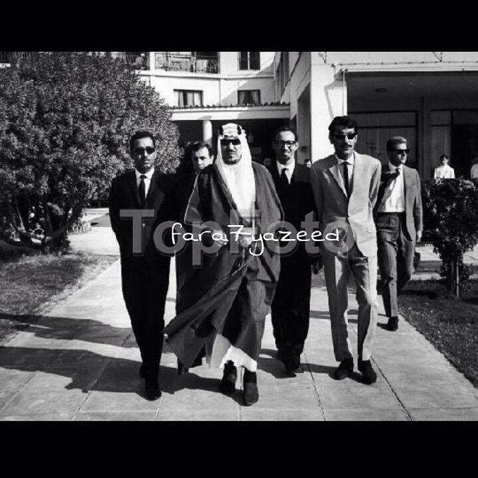 King Saud with his sons — Princes Badr and Thamir, may God have mercy on them, and Prince Khalid — at his residence in the Cavouri Hotel in Athens, 1968.