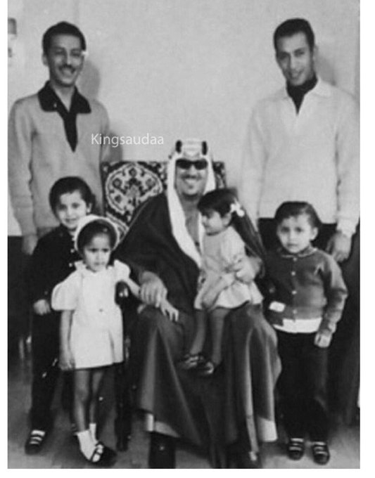 King Saud with his sons, Prince Majid and, on the left, Prince Bandar; his granddaughter Princess Basmah seated on her grandfather’s lap; and his daughter Princess Nuzhah in Cairo.