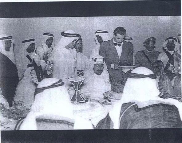 King Saud with Sheikh Abdullah bin Zahim at his residence in Al‑Madinah Al‑Munawwarah — may they both rest in peace.