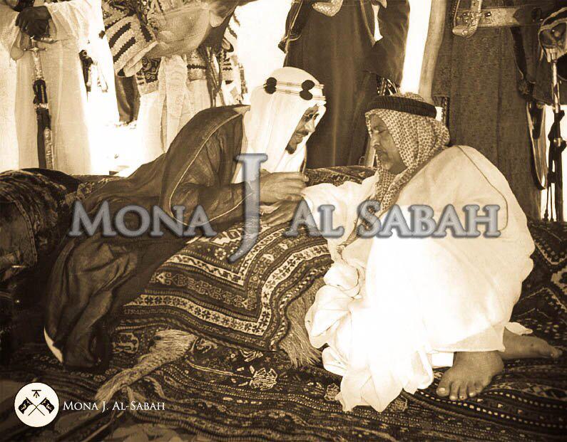 King Saud in Kuwait 1953 Abeautiful photo of the Amir of Kuwait Sheikh Abdullah Al Salim Al Sabah (1950-1965) together King SaudBin Abdul Aziz Al Saud the King of Saudi Arabia (1953-1964) during his historical visit to Kuwait during a luncheon banquet h