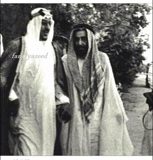 King Saud—may God have mercy on him—together with Prince Saud bin Abdullah bin Jiluwi, Governor of the Eastern Province—may God have mercy on him—after his arrival from Riyadh by land in 1958.
