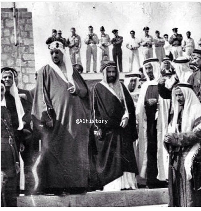 King Saud—may God have mercy on him—together with Prince Saud bin Abdullah bin Jiluwi, Governor of the Eastern Province, Prince Mohammed bin Saud Al‑Kabir, and Abdullah Balkhair, in 1954.