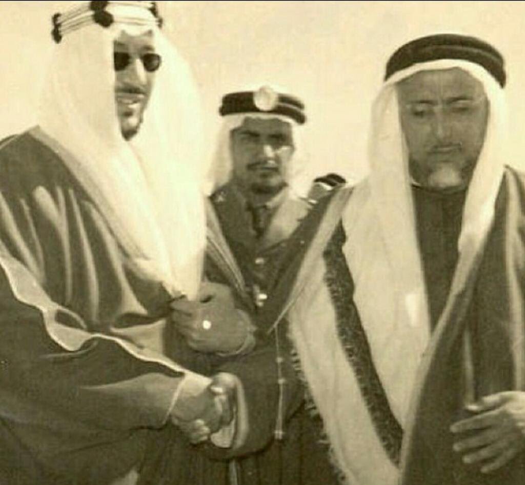 King Saud with the Amir of Qatar, Sheikh Ali Al Thani — may God have mercy on them — during His Majesty’s visit to Qatar on 26 January 1961.