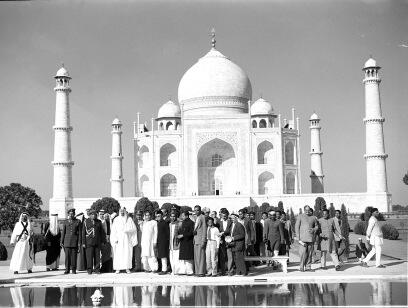 King Saud leaving Taj Mahal with some Indian officials during his state visit to India Agra 1955