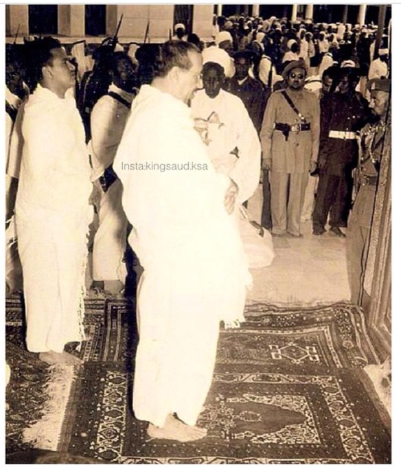 King Saud at the holy Mosque in Makkah with his son Prince Mohammed bin Saud