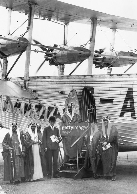 Prince Saud—later King Saud—together with Khayr al‑Din al‑Zarkali, Dr. Medhat Sheikh al‑Ard, and his senior escorts ʿAbdulaziz al‑Rifa‘i and Ṣāliḥ al‑ʿAlī al‑Sālim, in 1935.
