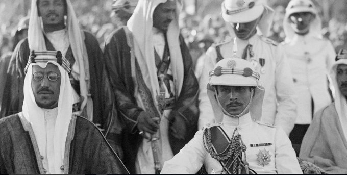 Prince Saud with the Jordanian Crown Prince Talal bin Abdullah during a visit to Jordan in 1930
