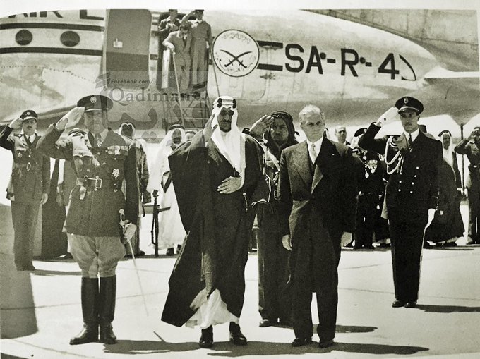 Lebaness presedent Camile Chamoun reciving King Saud at Byrouth airport during his offical visit to