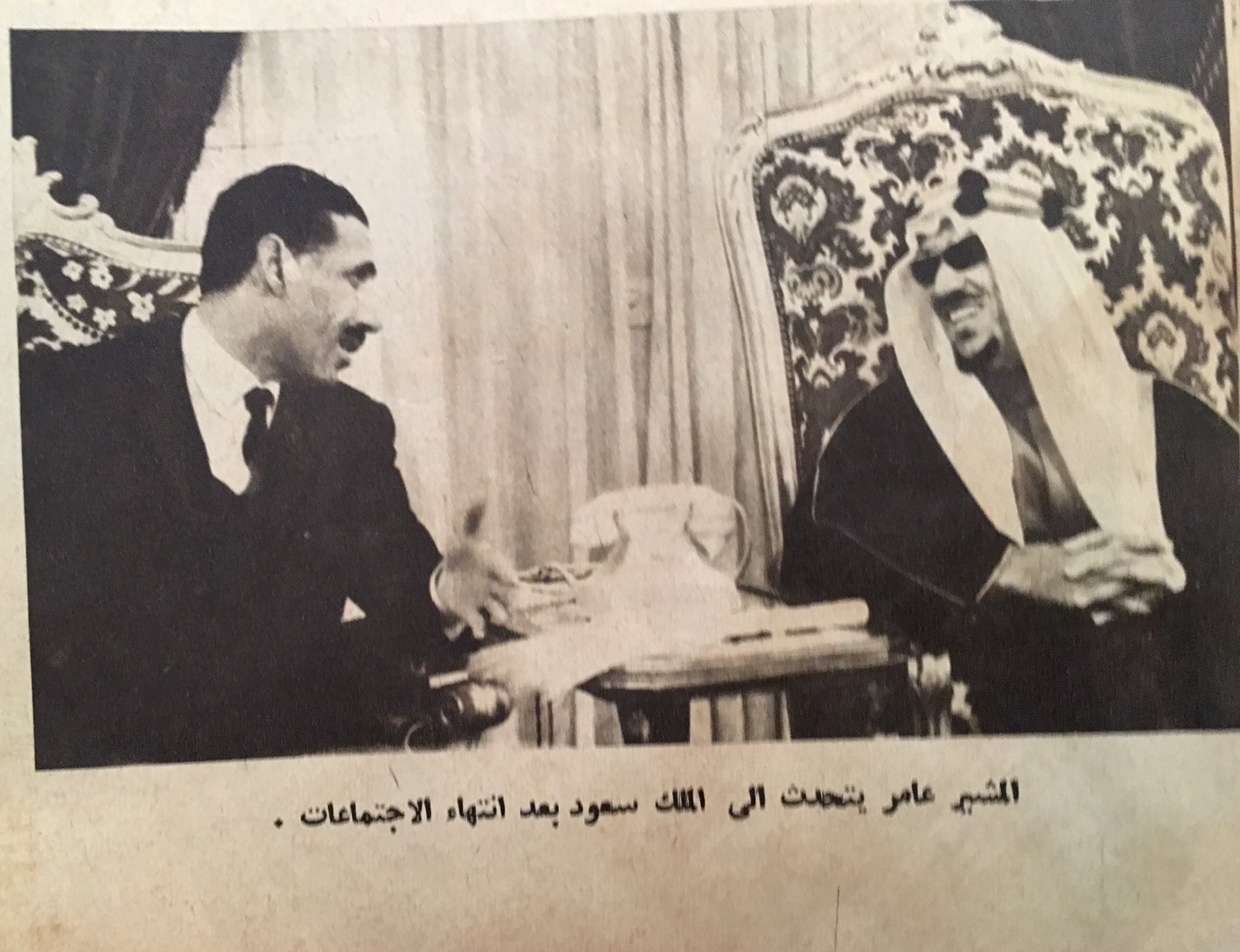 President Sadat and Field Marshal ʿAbd al‑Hakim ʿAmir in Riyadh with King Saud, working to end the Yemen war and restore relations between the two states in March 1964.