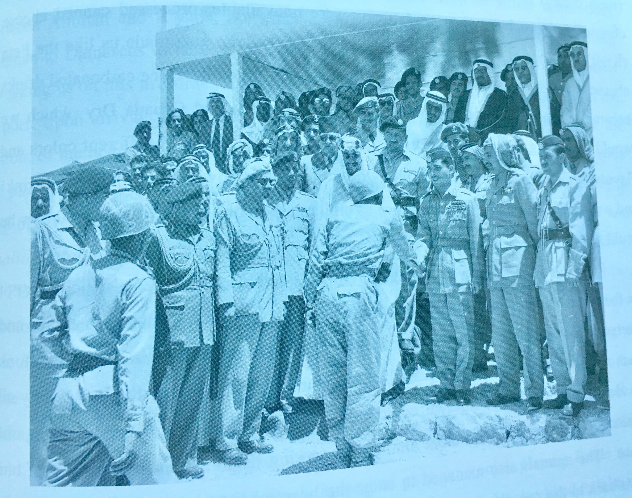 From the book of Dr. Randa Hamadeh: King Saud and King Hussein in Jordan, with Dr. Rabhi Hamadeh, Dr. Adeeb Antabi, and Abdulmunim Al‑Aqeel standing behind them — 1956, may they all rest in peace.
